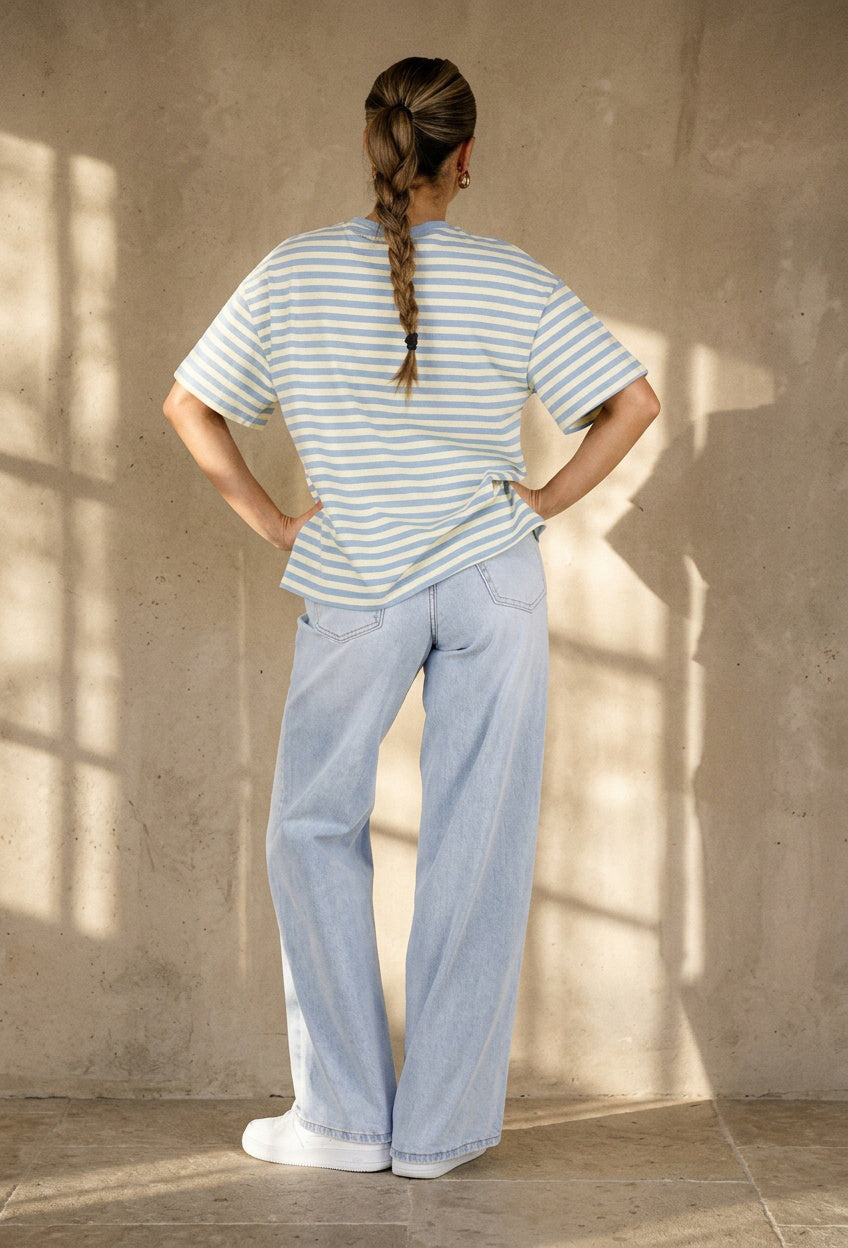 Geel Blauw Gestreept T-shirt met Korte Mouwen en Ronde Hals