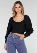 Zwarte Blouse met Lange Pofmouwen en Knopen