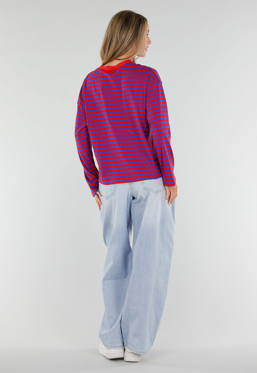 NEW120826 Rood Blauwe Gestreepte Top met Lange Mouwen en Ronde Hals