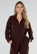 NEW220726 Bruine Oversized Blouse met Lange Mouwen en Knoopsluiting