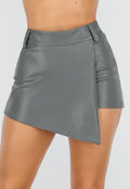 Donkergroene Lederlook Asymmetrische Skort met Schuine Overslag