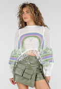Witte Gehaakte Top met Regenboogprint en Franjes
