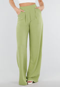 Groene Linnenlook Wide Leg Pantalon met Hoge Taille en Plooien