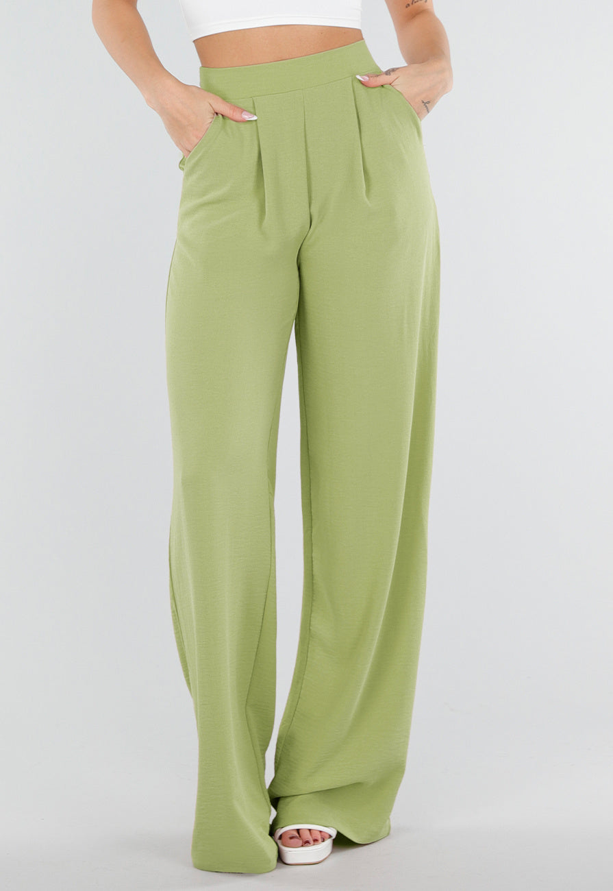 Groene Linnenlook Wide Leg Pantalon met Hoge Taille en Plooien