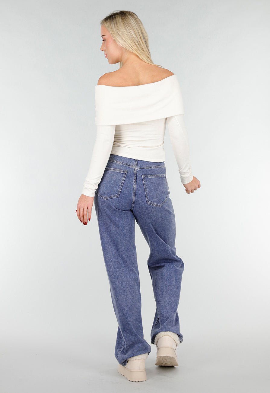 Ecru Off Shoulder Top met Lange Mouw