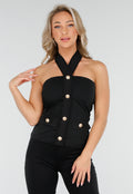 Zwarte Halter Top met Goudkleurige Knopen en Zakdetails in Stevige Stretchstof