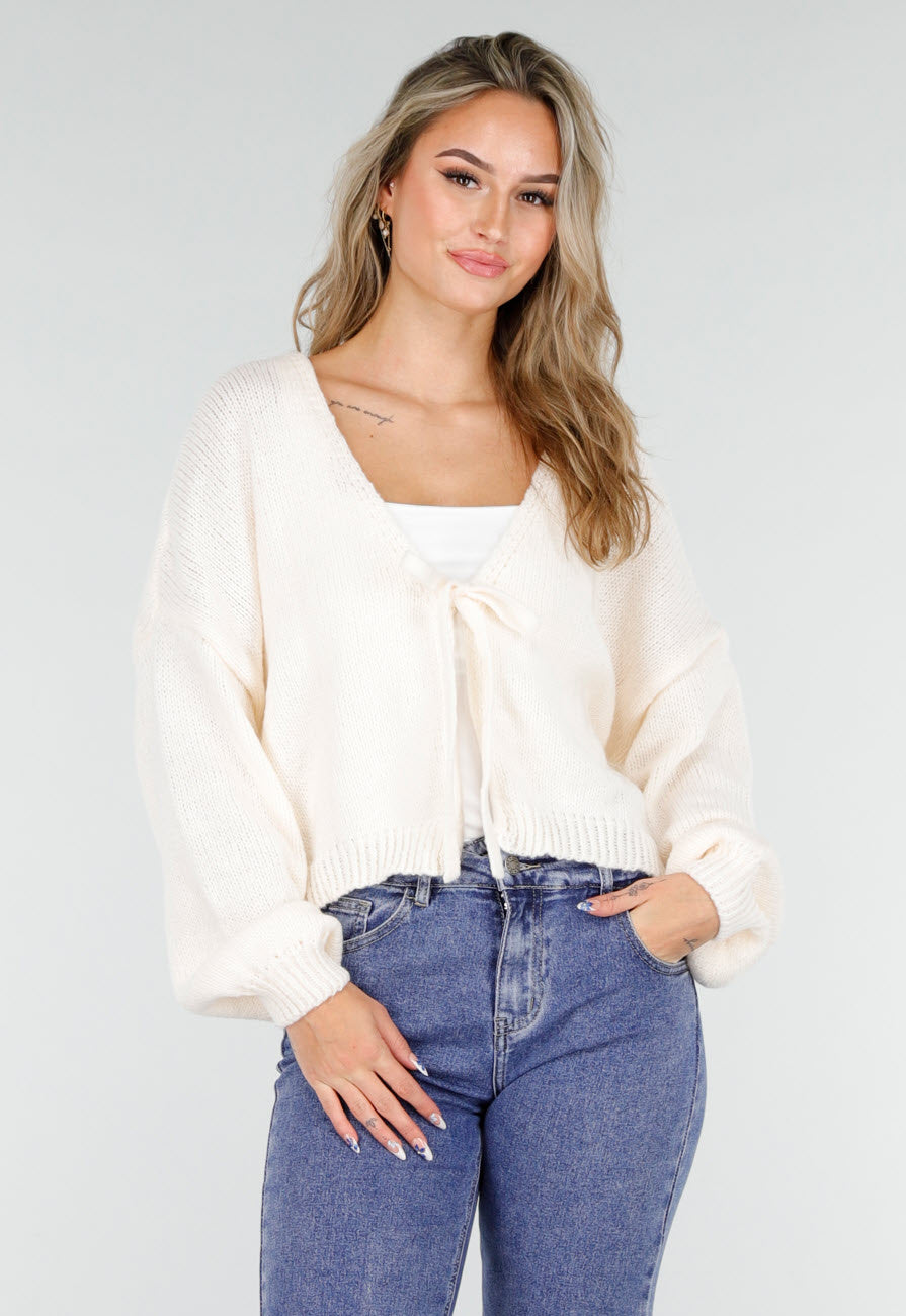 Beige Gebreid Vest met Strik aan de Voorzijde