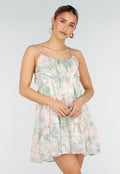 Pastel Bloemenprint Jurk met Spaghettibandjes en Ruches