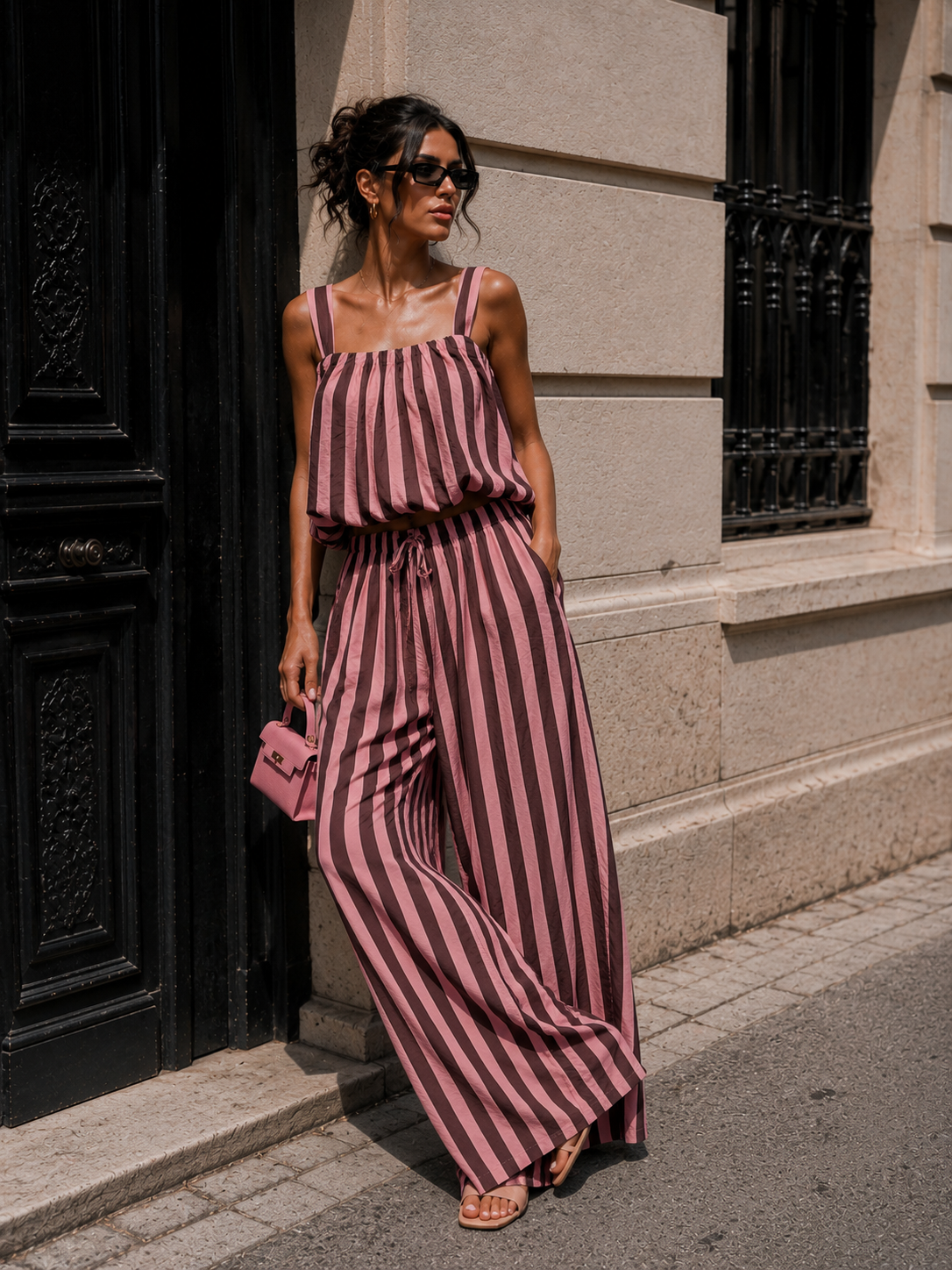 Bruin Roze Gestreepte Two Piece Set met Mouwloze Top en Wide Leg Broek