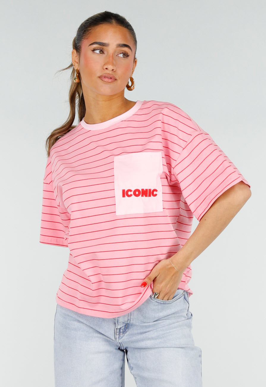 Roze Gestreept Katoenen T-Shirt met Korte Mouwen