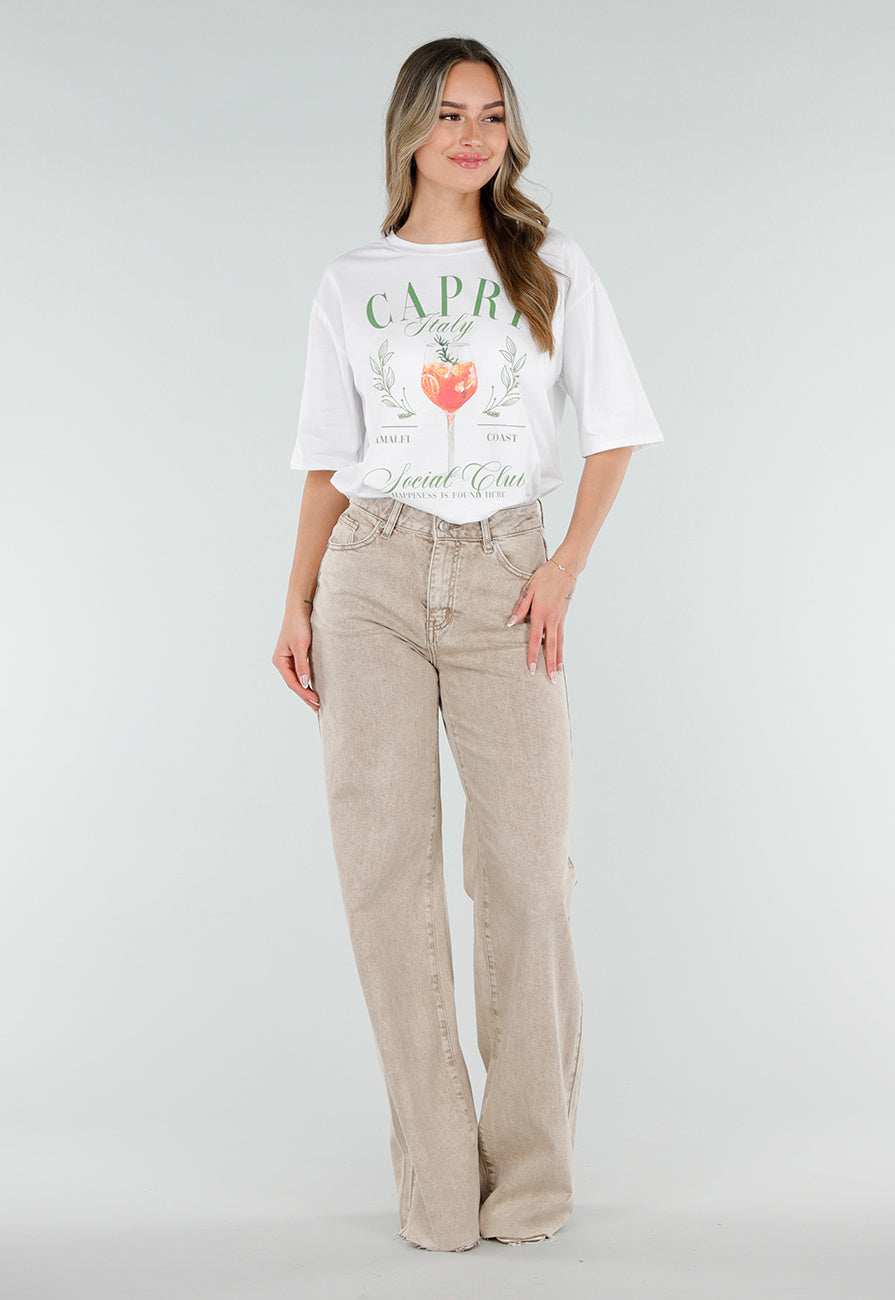 Beige Wide Leg Tall Jeans met High Waist