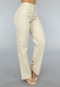 Redial Jeans Beige Lederlook Stretch Broek met Rechte Pijpen
