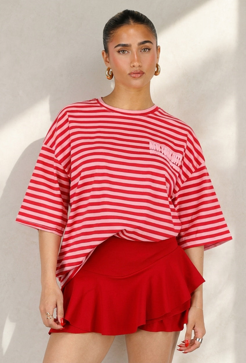 Roze Rode Gestreepte Oversized T-shirt met Tekstprint