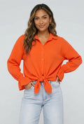 Oranje Mousseline Blouse met Trompetmouwen