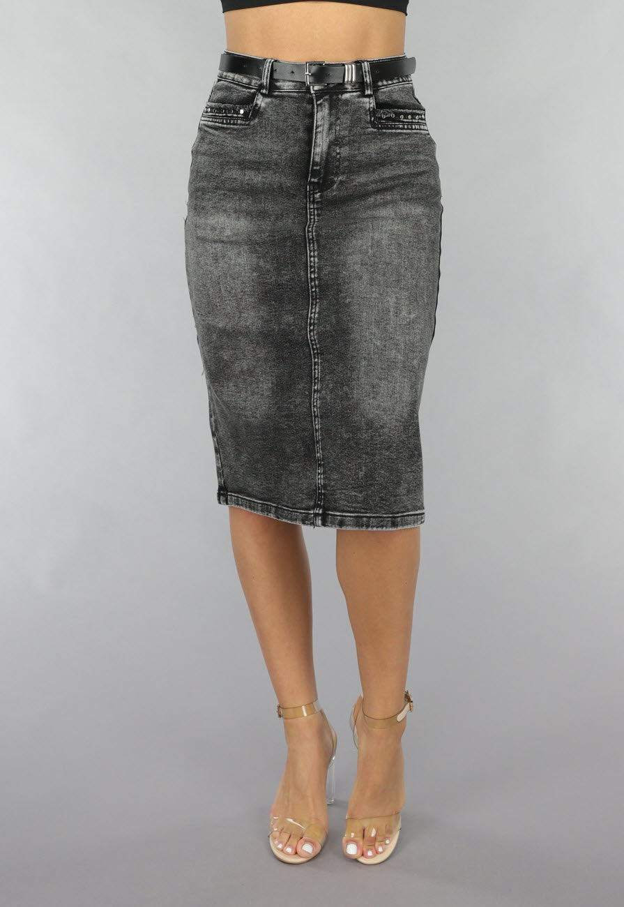 Antraciet Denim Midi Rok met Riempje