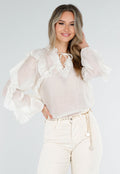 Beige Ruffle Blouse met Lange Mouwen en Striksluiting