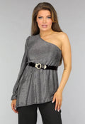 Zilveren Asymmetrische One Sleeve Glitter Top