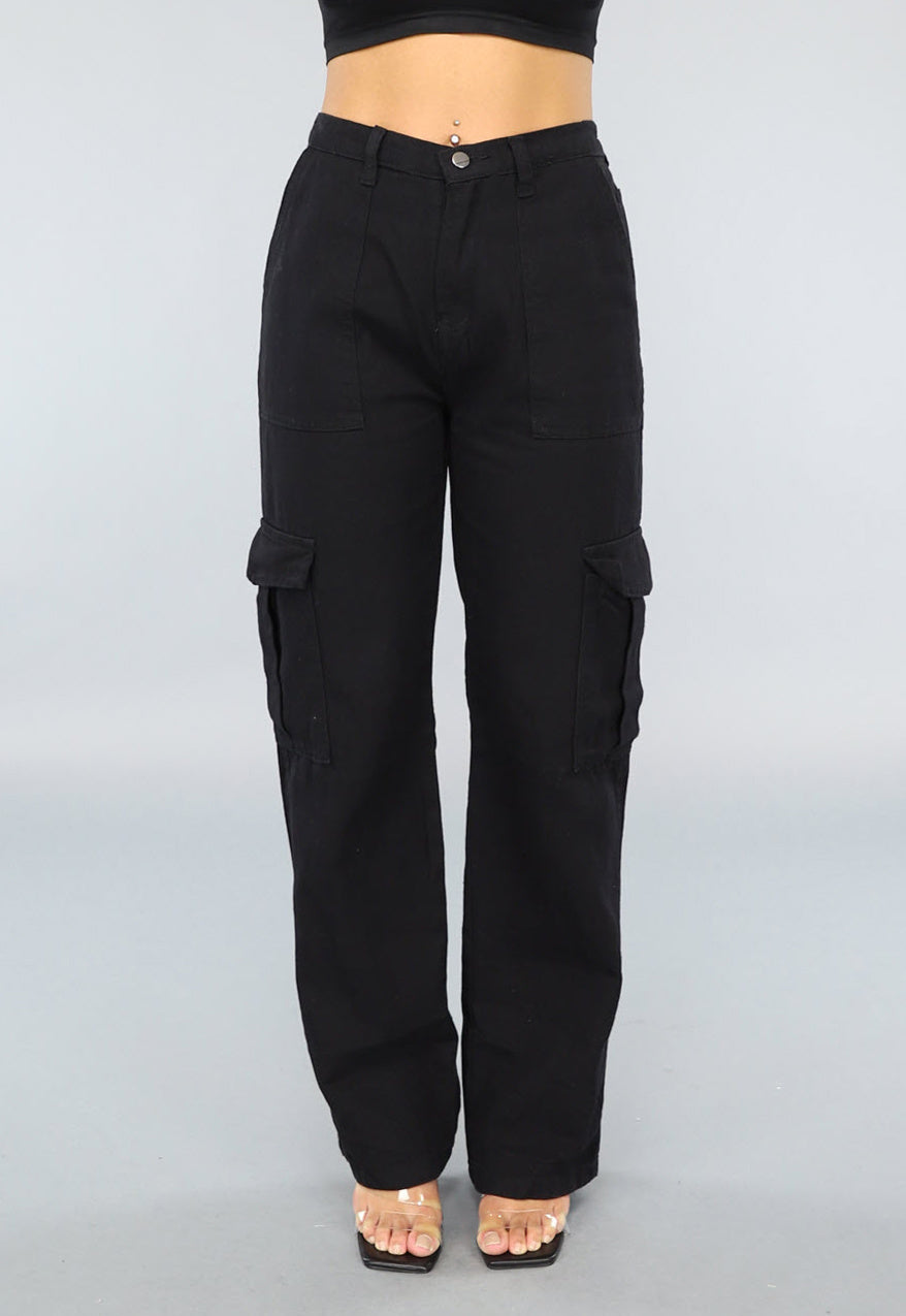 Zwarte Mid Waist Effen Cargo Broek