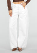 Witte Wide Leg Jeans met Bruine Stiksels en High Waist Pasvorm