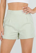 Mintgroene Linnenlook Short met Plooien en Rechte Pijpen