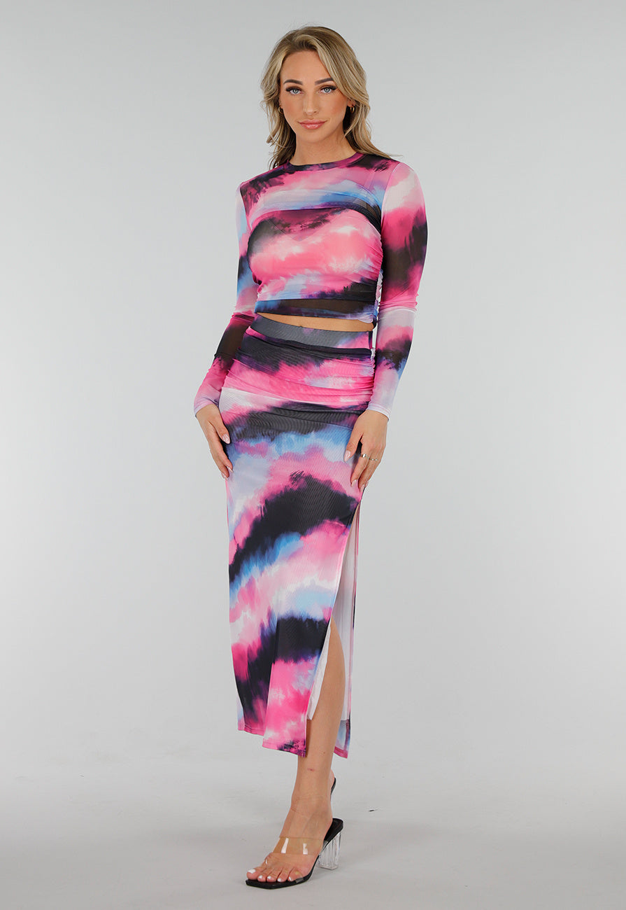 Zwart Roze Watercolor Stretch Mesh Cropped Top met Lange Mouwen en Geplooid Detail