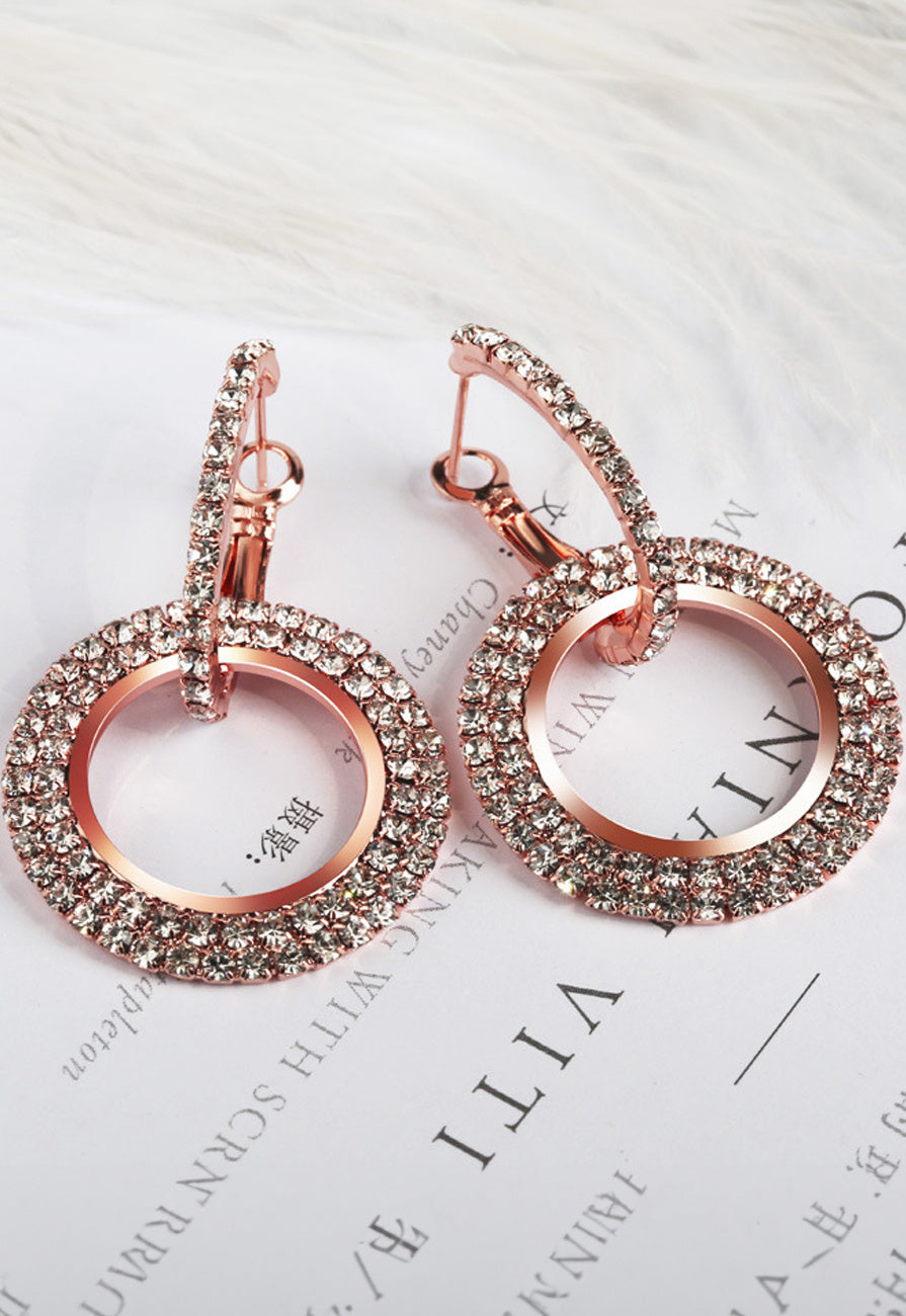 Rosé Gouden Stainless Cirkel Oorbellen met Strass Steentjes