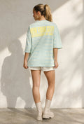 Lichtblauw Geel Gestreepte Oversized T-shirt met Tekstprint