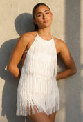 Witte Fringe Halter Playsuit met Open Rug