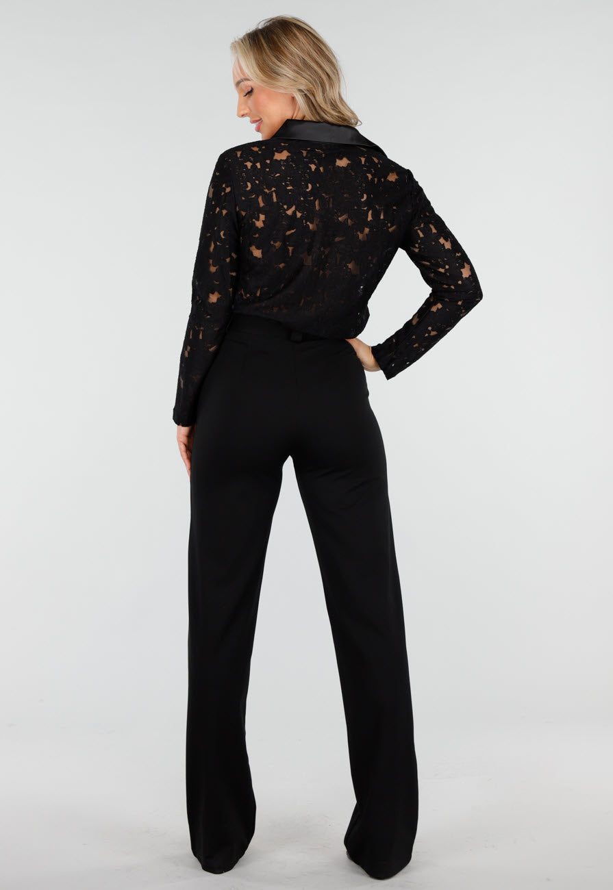 Zwarte Kanten Blouse met Satijnen Details en Lange Mouwen