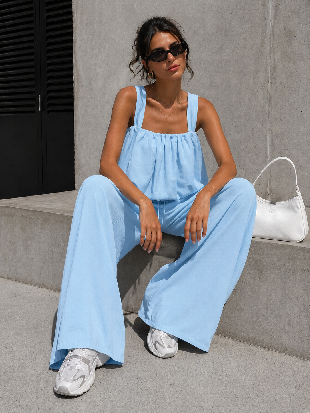 NEW150726 Lichtblauwe Stretch Two Piece Set met Mouwloze Top en Wide Leg Broek