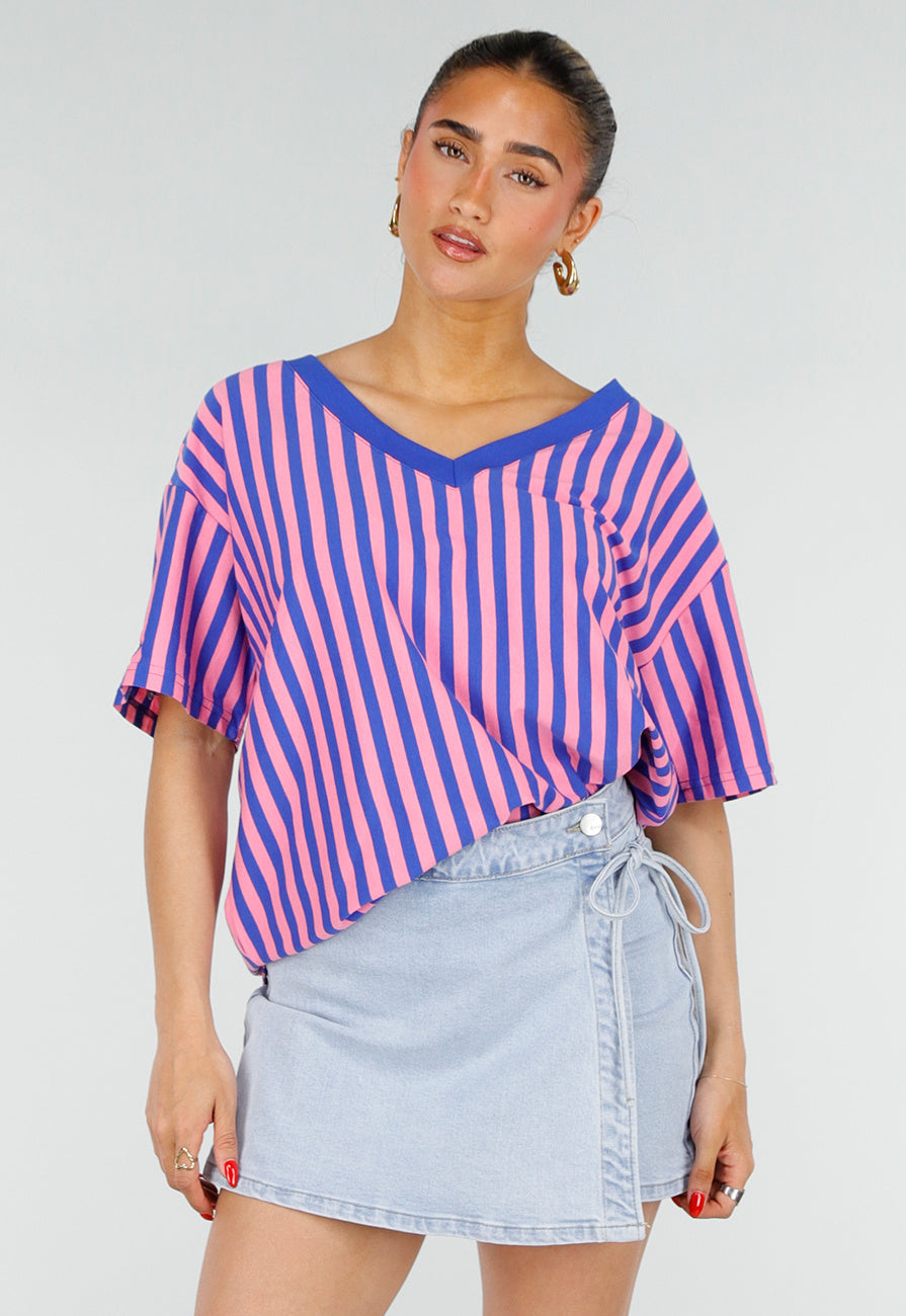 Blauw Roze Gestreepte Oversized T-shirt met V-hals