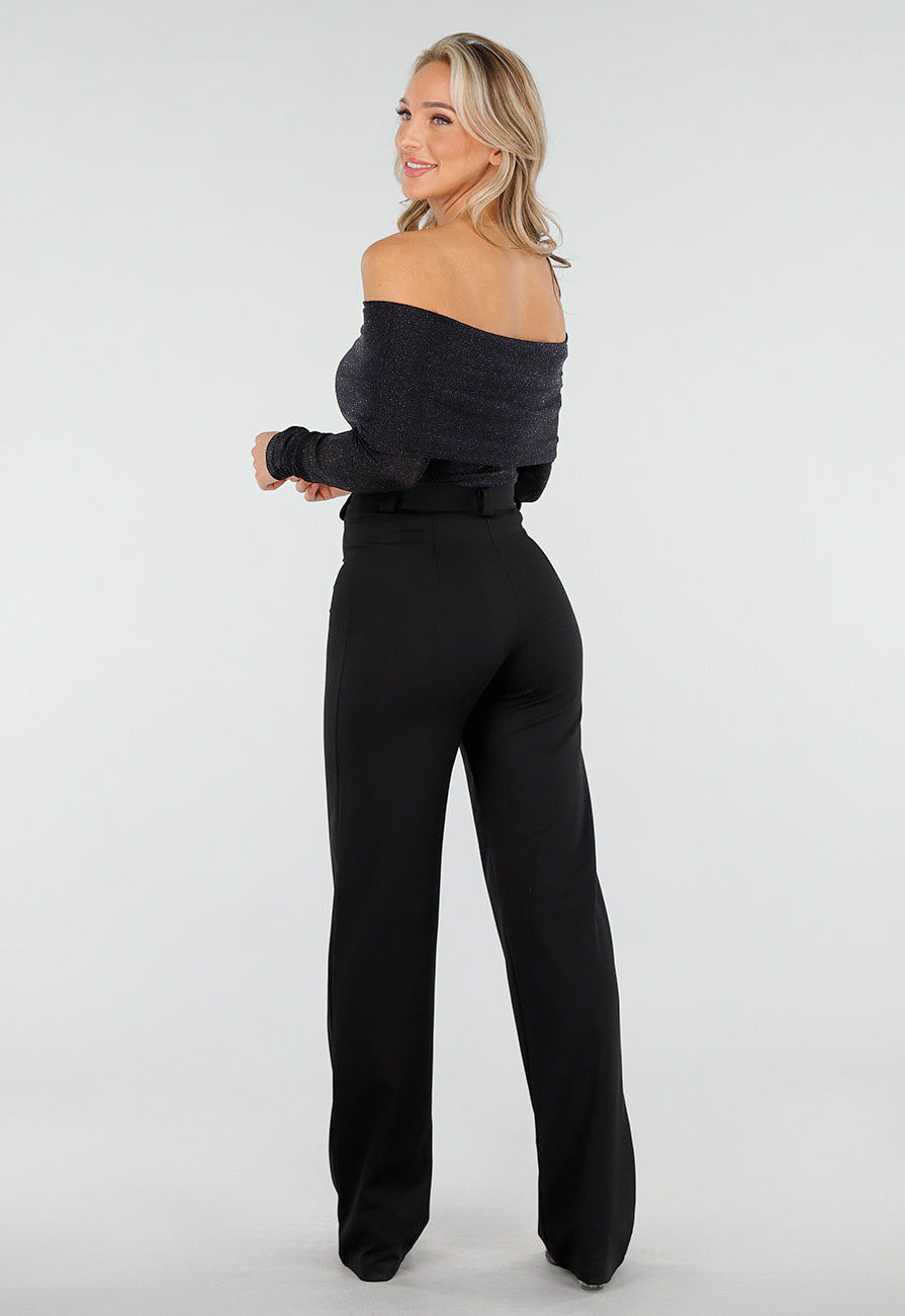 Off Shoulder Glitter Top met Lange Mouwen in Zwart
