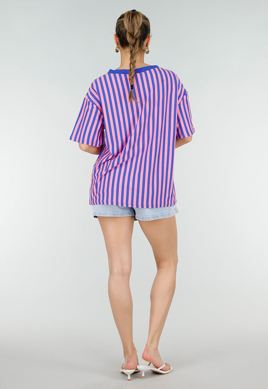 Blauw Roze Gestreepte Oversized T-shirt met V-hals
