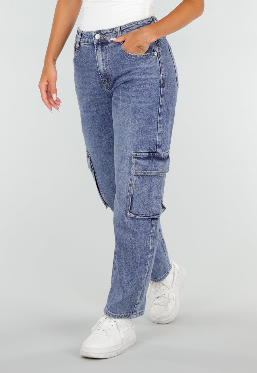 NEW020926 Blauwe Denim Barrel Cargo Jeans met Zijzakken