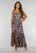Panterprint Stretch Maxi Jurk met Strikkoorden, Ruches en Split