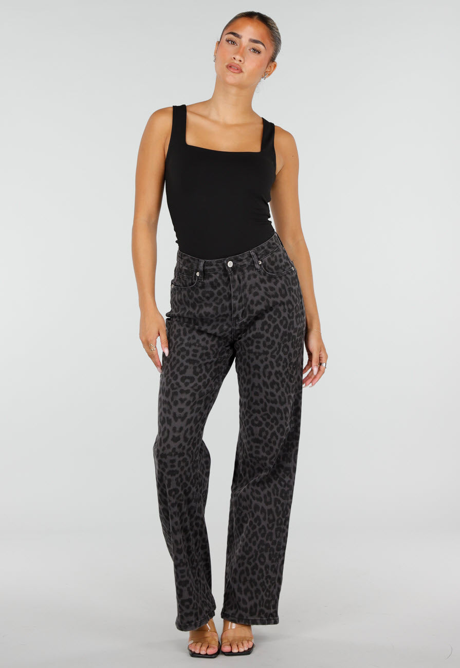 NEW120826 Grijze Straight Leg Jeans met Panterprint en Lichte Stretch
