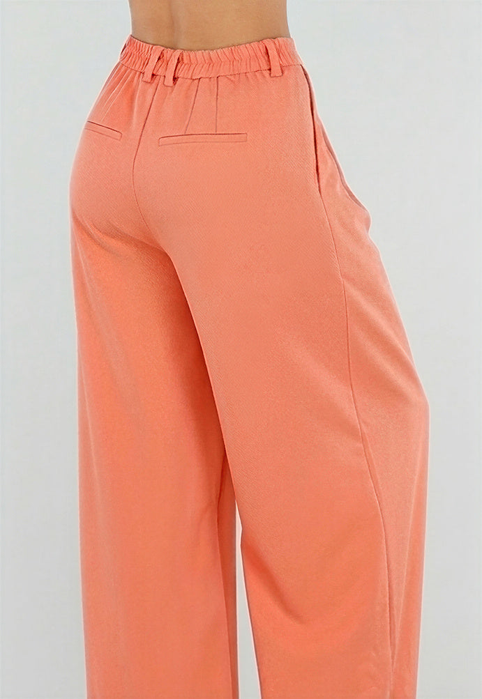 NEW190826 Coral Petite Pantalon met Wijde Pijpen en Plooien