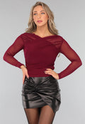 Burgundy Geplooide Mesh Top