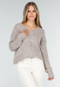 Beige Melange Trui met V-Hals en Zachte Pluizige Structuur