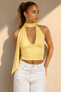 NEW290726 Gele Halter Crop Top met Open Rug en Diepe V-Hals