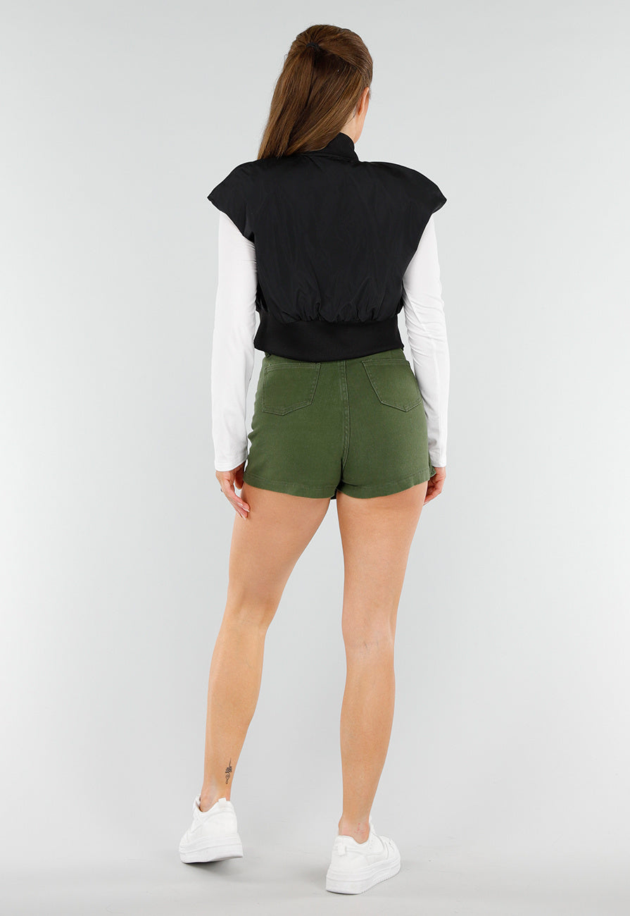 Zwarte Cropped Bodywarmer met Ritssluiting en Hoge Kraag