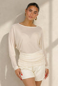 Crème Mesh Top met Lange Mouwen en Stretch