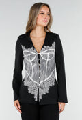 Zwarte Blazer met Lange Mouwen en Wit Kant Detail