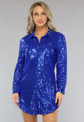 Blauwe Blouse Jurk met Glitters en Kraagje