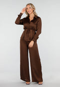 Bruine Satijnlook Set met Blouse en Wide Leg Broek