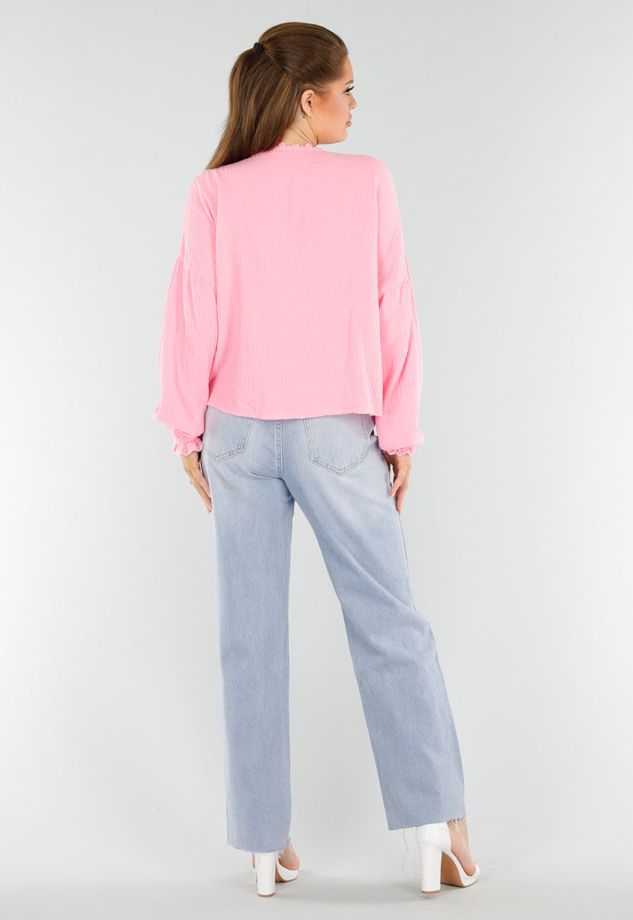 Roze Blouse met Hartzakken en Knooplint Detail