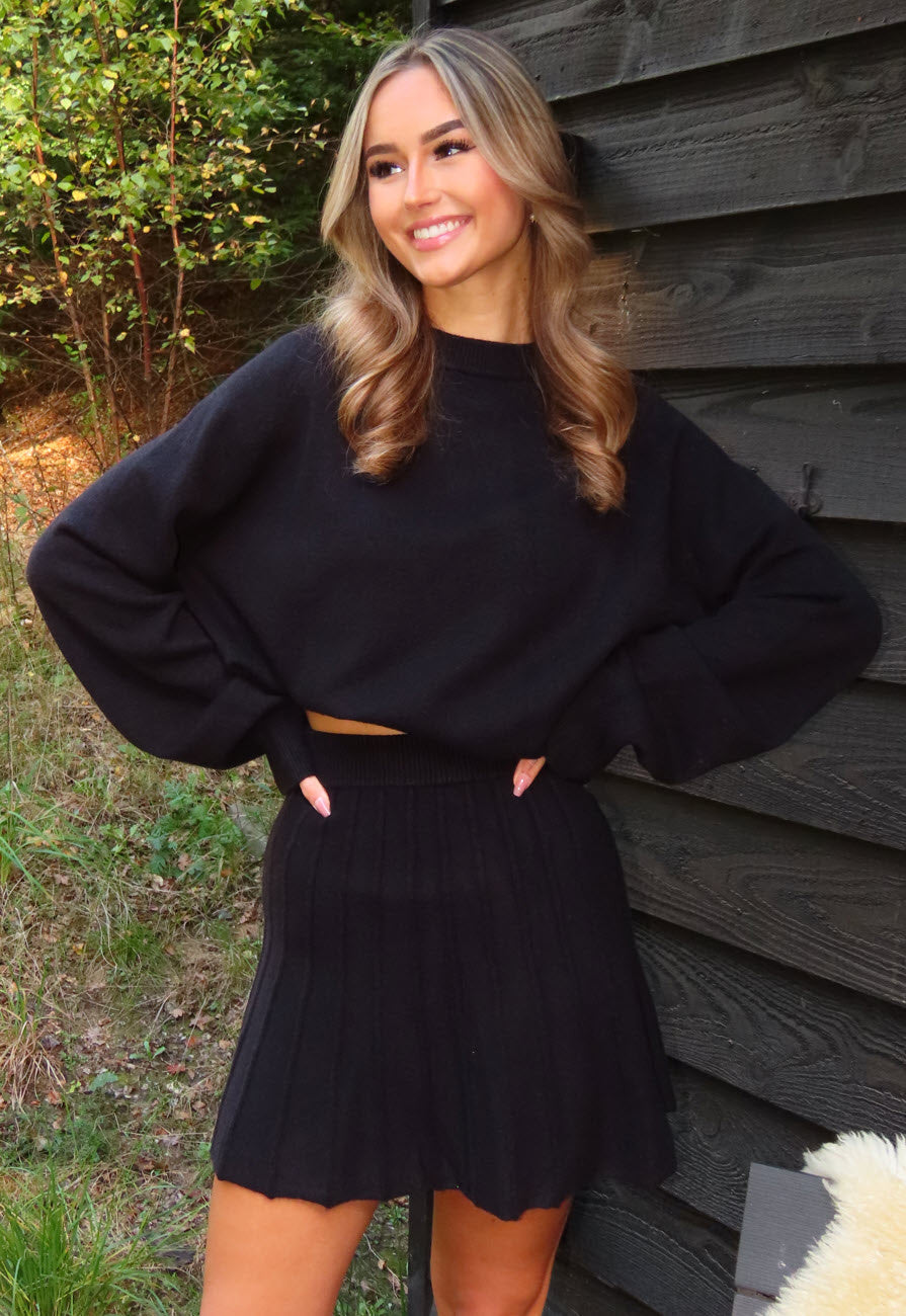 Zwarte Gebreide 2-Piece Set met Trui en Rok