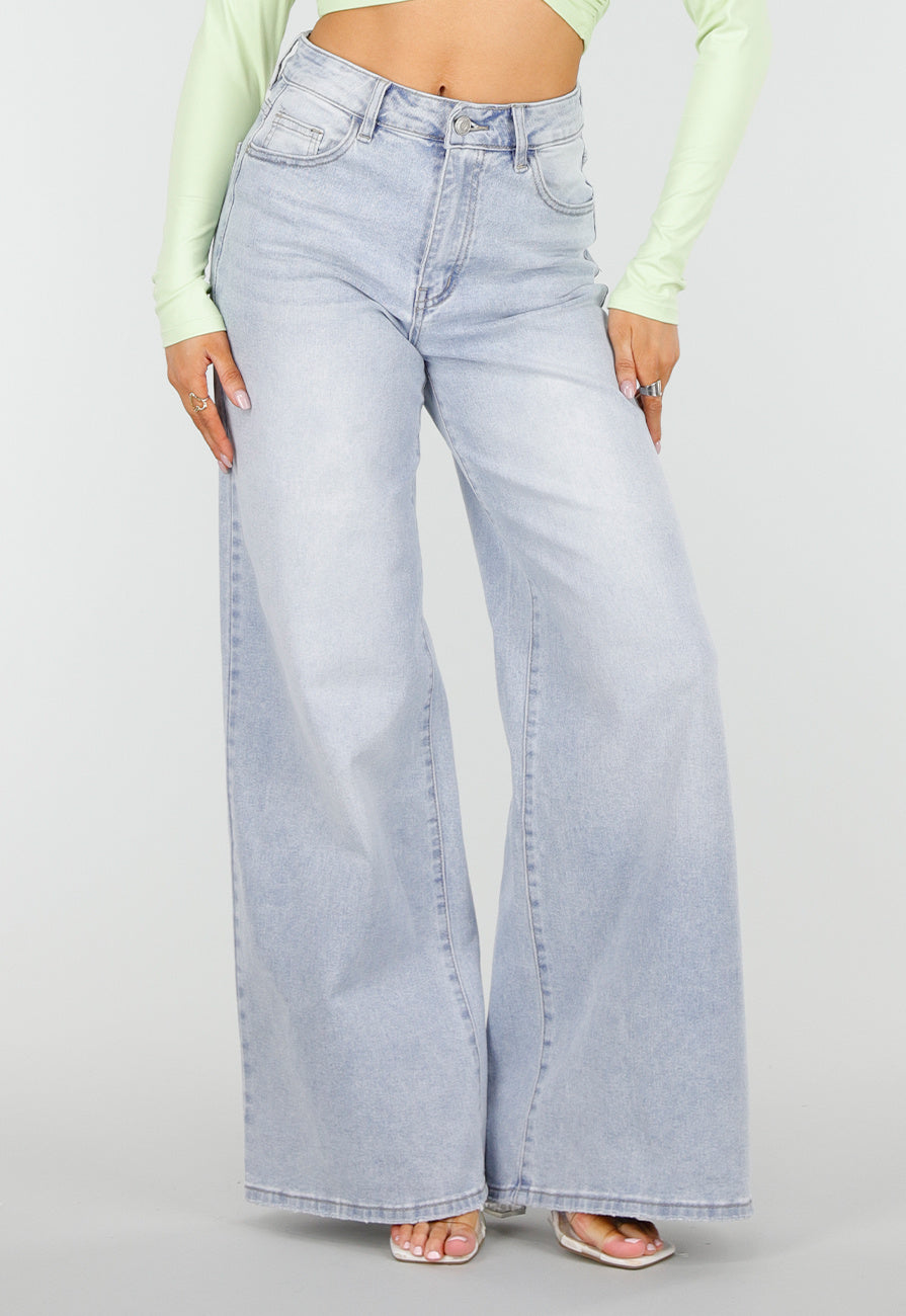 Lichtblauwe Extra Wide Leg Jeans met High Waist en Stretch
