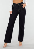 Donkerblauwe High Waist Overslag Wide Leg Jeans met Rechte Pijpen