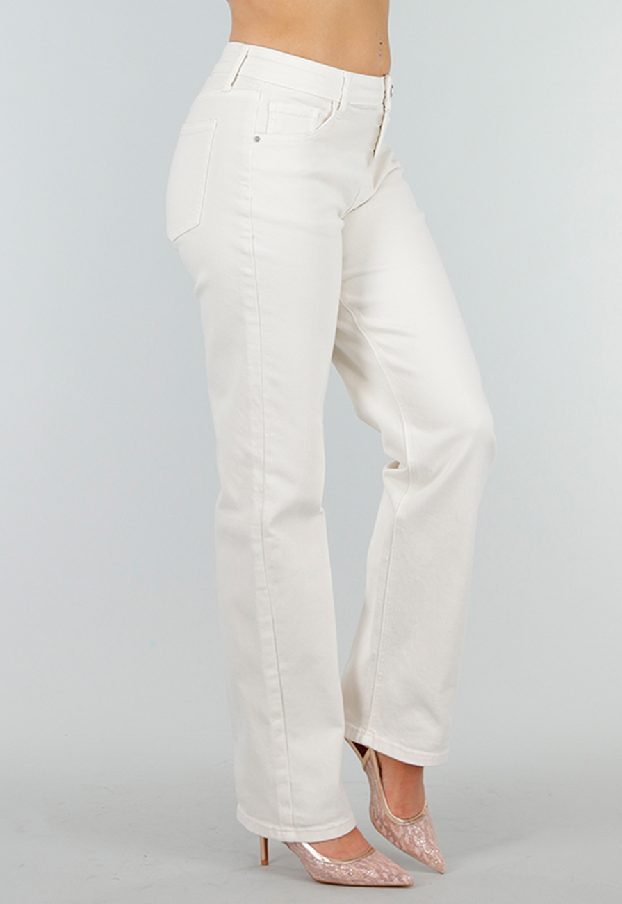 Beige Stretch Denim Jeans met Mid Waist en Rechte Pijpen